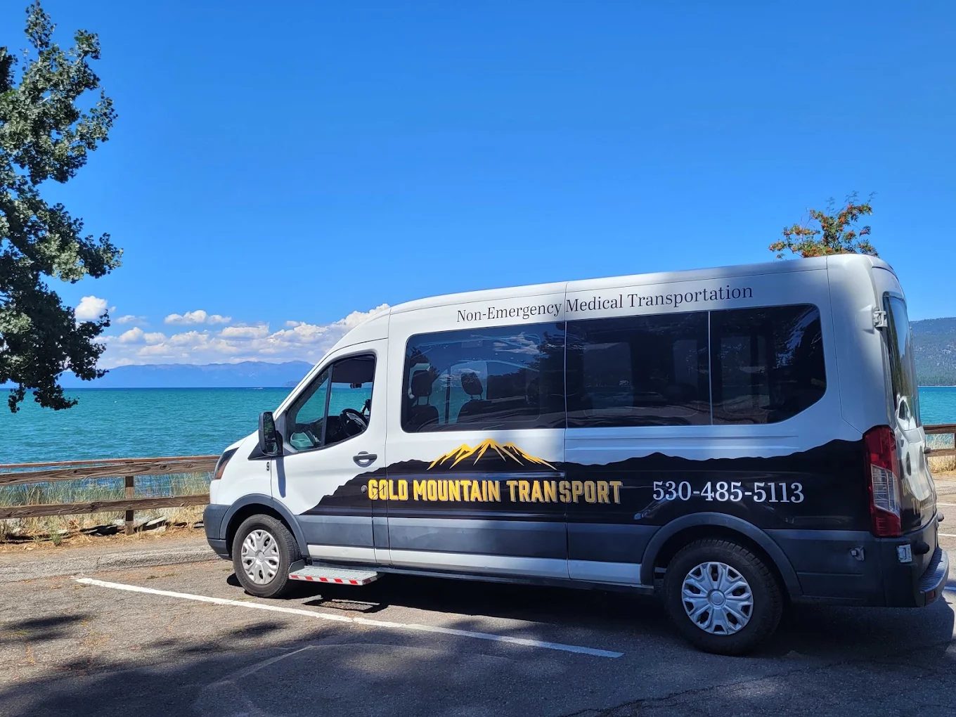 Gold Mountain Transport van on a long-distance medical trip at Lake Tahoe